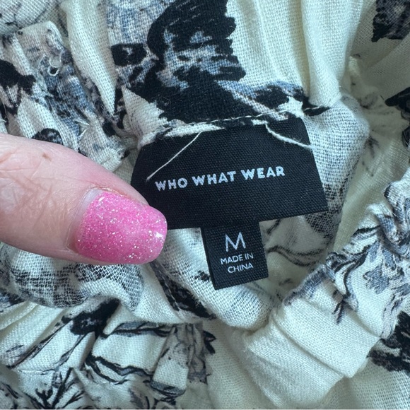 Who What Wear Floral Print Sleeveless Blouse Top Tie Neck Linen Black Cream M - Picture 6 of 10